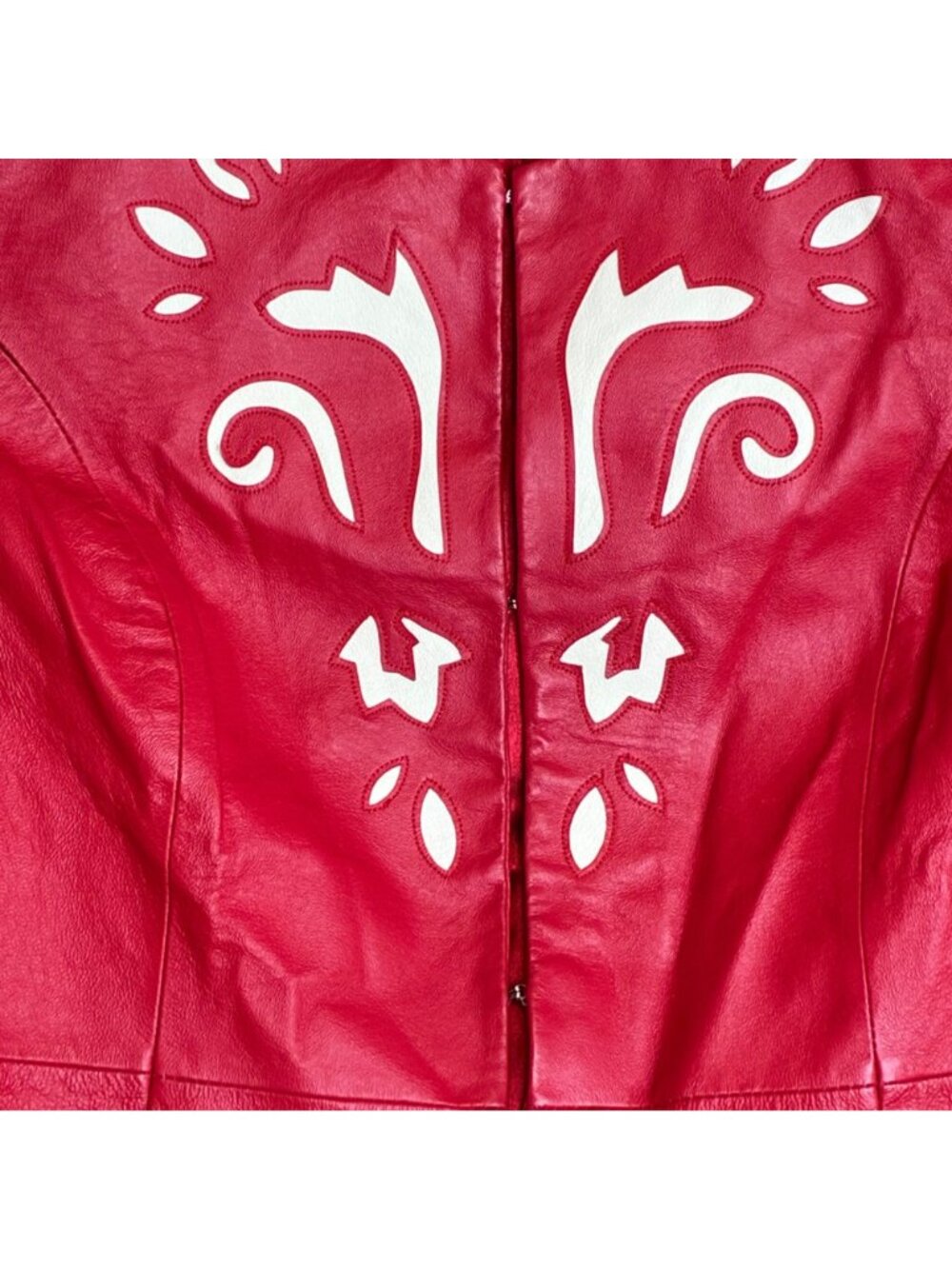 Pamela McCoy Red Genuine Leather Jacket With White Embroidered Details Size 1X - Picture 3 of 13